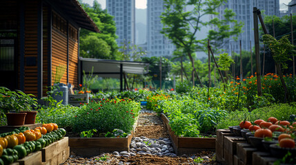 A garden with a path between two raised flower beds. The path is full of plants and rocks. There are several plants in pots and some fruit trees. Sustainable gastronomy urban garden concept