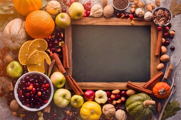 Fall and winter ingredients background with chalkboard, oranges, cranberry, nuts and spices