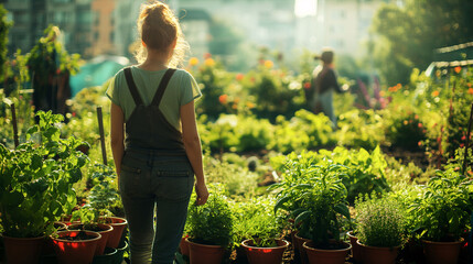 White, blonde woman in an urban garden where people grow their own herbs and vegetables. Highlights the importance of urban agriculture for sustainable food.