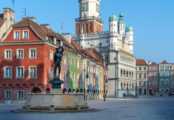 The colorful facades of the historic old town of Poznan are richly decorated and glow in the...