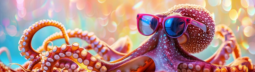 Colorful octopus wearing sunglasses in a psychedelic setting. Whimsical and marine life concept. - obrazy, fototapety, plakaty