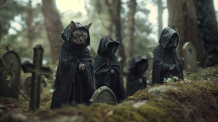 AI generated illustration of a Group of hooded cats standing by graveyards in a forest - obrazy, fototapety, plakaty