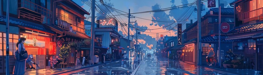 Japanese street scene at dusk illustration. Travel and culture concept design for posters, - obrazy, fototapety, plakaty