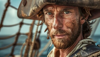 Portrait of a pirate at sea. Adventurous and historical character concept