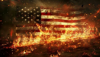 American flag burning in dramatic flames. Potent symbol of protest and powerful political