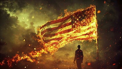 American flag burning in dramatic flames. Potent symbol of protest and powerful political - obrazy, fototapety, plakaty