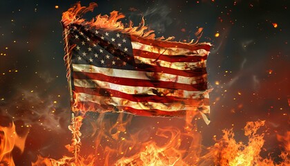 American flag burning in dramatic flames. Potent symbol of protest and powerful political