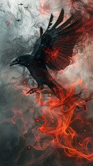 Artistic representation of a raven in fiery and smoky environment. Dark fantasy and mystery concept