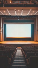 Fototapeta premium Theatre auditorium with empty seats and a large screen. Performing arts and cinema concept