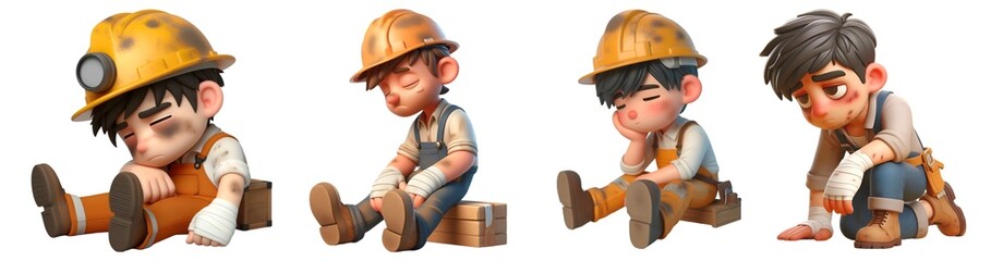 Set of a Exhausted and Injured Laborers : Cartoon Style 3D Render on Transparent Background