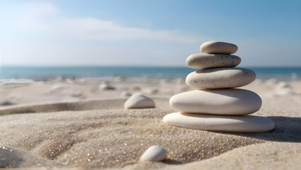 Fototapeta na wymiar Stack of pebble stones on a white sandy beach under blue sky, balance and harmony image concept