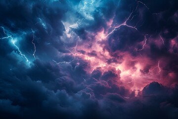 AI generated illustration of a powerful thunderstorm illuminating a dark sky with bright light - obrazy, fototapety, plakaty
