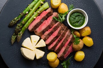 Sliced steak with asparagus and potatoes, brie and green sauce