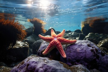 Starfish clinging to rocks in a tide pool with subtle underwater lights. - obrazy, fototapety, plakaty