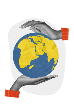 Vertical collage photo poster two arms take care of Earth planet globe symbolizing world day voluntary creative painting background