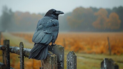 Fototapeta premium A raven sits on a fence on a gloomy November day against a stormy sky.