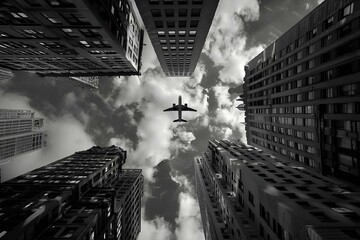 AI generated illustration of an airplane soaring amidst tall city buildings in urban skyline