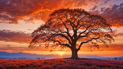 a stunning sunset sky ablaze with fiery oranges and soft pinks, a solitary tree standing tall - obrazy, fototapety, plakaty
