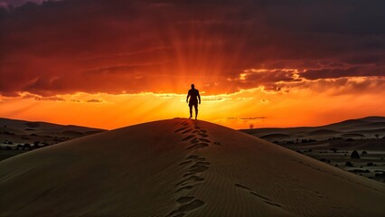Silhouette of an individual standing at the top of sand dune, overlooking vast desert landscape