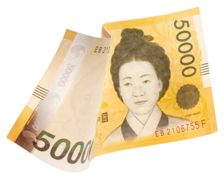 50000 South Korean won banknotes falling in the air isolated on white, Flying South Korean won banknotes isolated on white background PNG file.