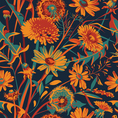 Seamless pattern with flowers - Taraxacum, Chamomilla and grass isolated on the dack blue background. Hand-drawn illustrations of wildflowers.