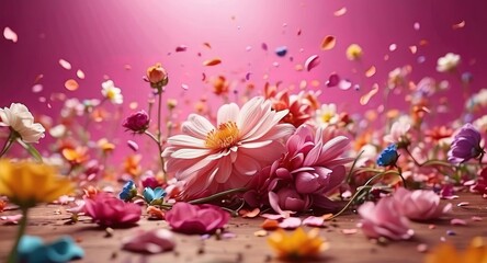 A lot of colorful flower explosion, minimal infinity pink background, slow motion shot, ultra wide-angle