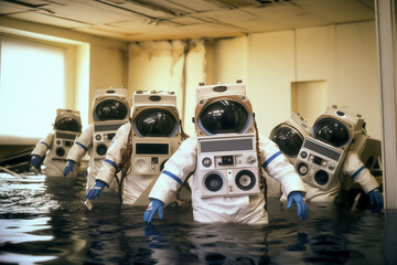 AI generated illustration of Spacemen with televisions as heads in flooded room.