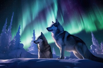 Wolves playing in the snow with the aurora borealis and lights.