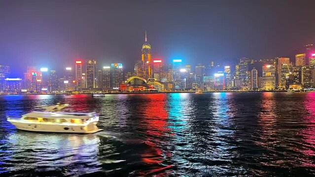 Victoria Habour, Hong Kong - Apir 14th 2024 - VDO of Bustling harbour area with waterfront scenery and popular nighttime light.