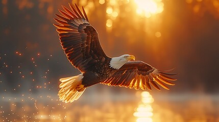 An awe-inspiring scene featuring a bald eagle soaring with great majesty against a backdrop of the American flag.