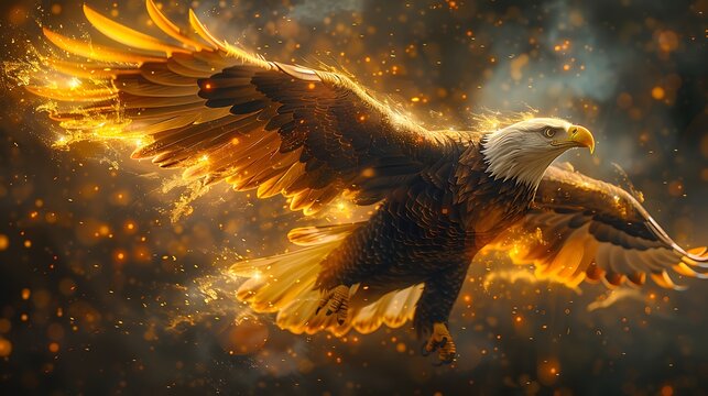 An evocative banner showing a bald eagle flying across a star-filled night sky, with brilliant fireworks exploding in the background, casting a colorful glow that lights up the American flag.
