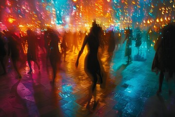 Roup of individuals strolling on illuminated city sidewalk at night