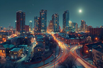 Fototapeta na wymiar Urban night scene with busy city traffic, AI-generated.
