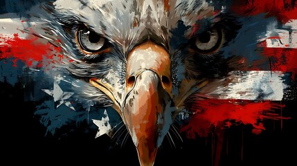 A close-up image of a majestic bald eagle with its wings dramatically spread, superimposed on a stylized American flag. - obrazy, fototapety, plakaty
