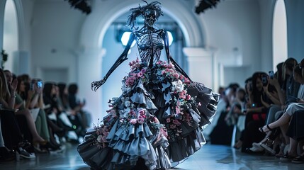 A skeleton supermodel in a floral dress walking down the runway, dark haunting face - obrazy, fototapety, plakaty