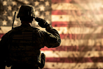 A USA army soldier saluting the flag with copyspace. Suitable for patriotic events and military-related content.