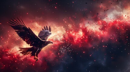 A dynamic banner depicting a bald eagle silhouetted against a dazzling display of red, white, and blue fireworks, with the American flag waving in the rhythm of the bursts.
