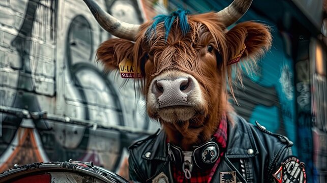 Highland cow with a punk look in a leather jacket and vibrant hair on a subway train