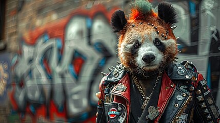 Panda with a punk look in a leather jacket and vibrant hair on a subway train, graffiti street art - obrazy, fototapety, plakaty