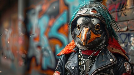 A penguin with a punk look in a leather jacket and vibrant hair in front of a graffiti wall - obrazy, fototapety, plakaty