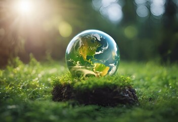 a green globe is placed in the grass by the sun - obrazy, fototapety, plakaty