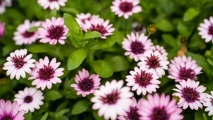 Delicate pink African daisies (Osteospermum) with green leaves on blurred background