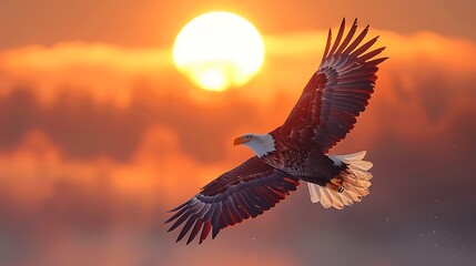 A majestic bald eagle flying toward the rising sun, with the American flag unfurled in the background, bathed in the early morning light.