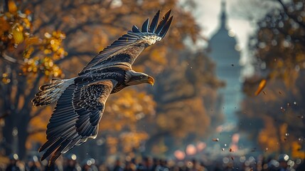 A moving display where a bald eagle soars above a silent march of veterans, with the American flag leading the procession.