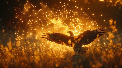 A majestic scene for an Independence Day banner, featuring a bald eagle silhouetted against an explosion of golden fireworks, with the American flag visible in the lower frame.