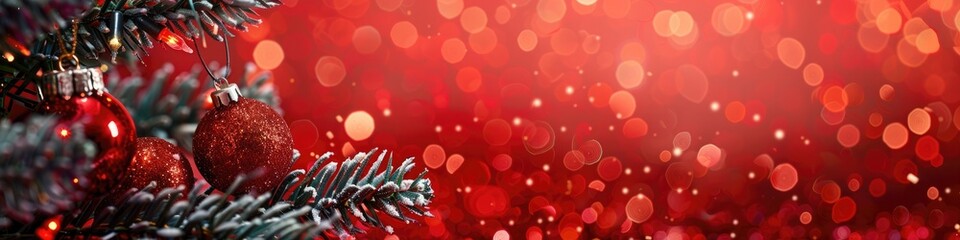 A miniature Christmas tree ornament adorned with tiny baubles and tinsel, set against a festive holiday red backdrop. - obrazy, fototapety, plakaty