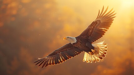 A powerful image of a bald eagle soaring across a clear blue sky, with the American flag waving robustly in the background.