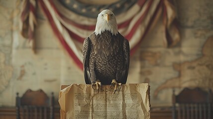 A stately banner featuring a bald eagle perched majestically atop a parchment scroll of the Constitution, with the American flag draped elegantly in the background.