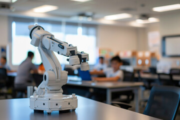 STEM classroom, with a teacher at the forefront facilitating the development of a robotic arm project, set against a minimalist backdrop to emphasize the focus on innovation and le - obrazy, fototapety, plakaty