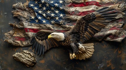 A stunning banner depicting a majestic bald eagle soaring high with its wings fully spread, set against a backdrop of a beautifully waving American flag.